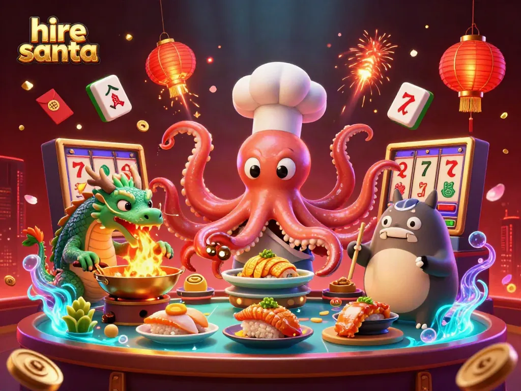 Hire Santa for a festive gaming experience featuring vibrant slot reels and whimsical characters.