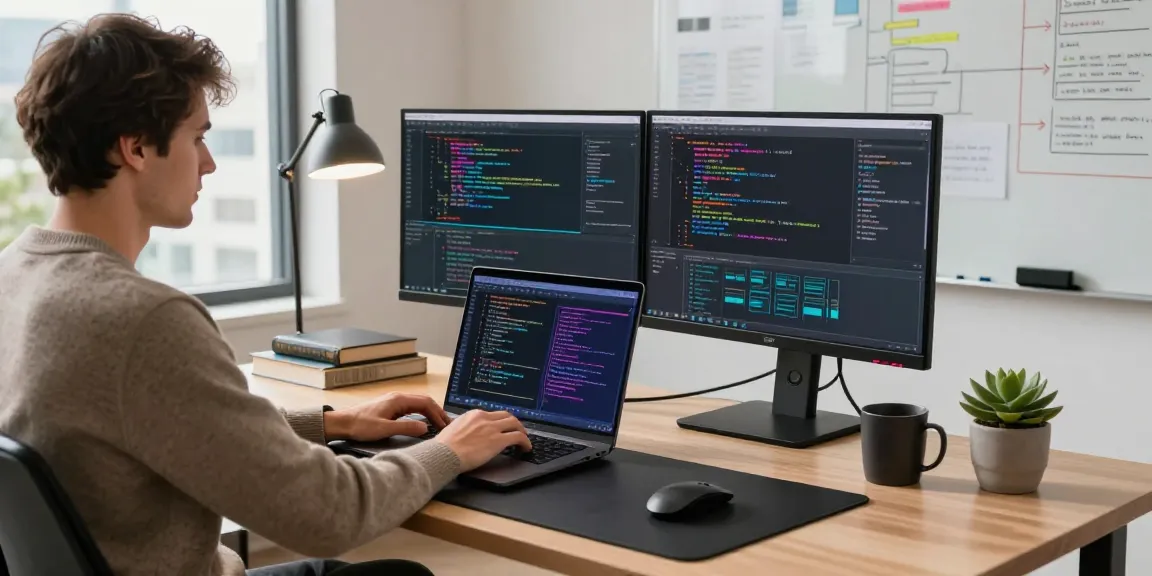Developer using an rti scheduler in a modern workspace with code on screens.
