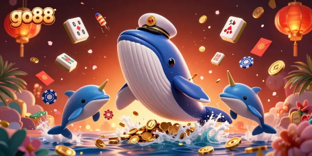 Experience the excitement of go88 with a captivating scene of a whimsical whale, narwhal, and dolphins amidst engaging gaming elements.