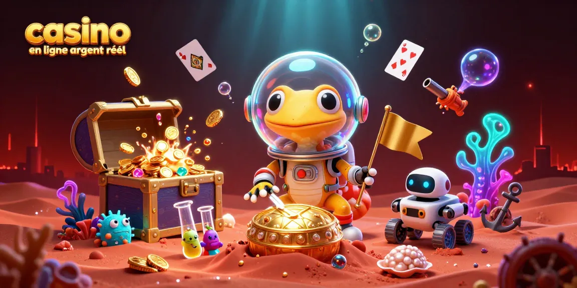 Profitez d'une illustration dynamique représentant un casino en ligne argent réel avec un gecko martien découvrant un trésor dans un décor futuriste.