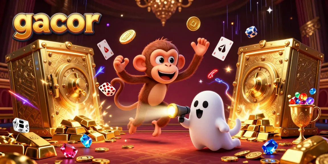 Experience gacor slots in a lively casino scene with a playful monkey and curious puppy tracking golden treasures.