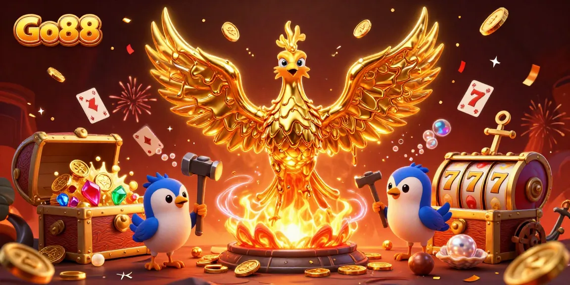 Experience excitement with Go88's golden phoenix amidst slot machines and casino treasures.
