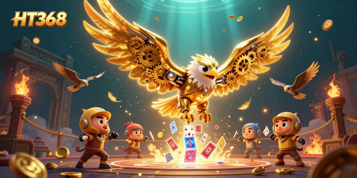 HT368 players dive into action with a cyborg eagle among vibrant casino elements and betting tokens.