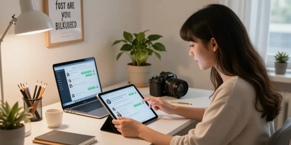 A young woman enjoying a conversation with her AI girlfriend on a tablet in a cozy home office.