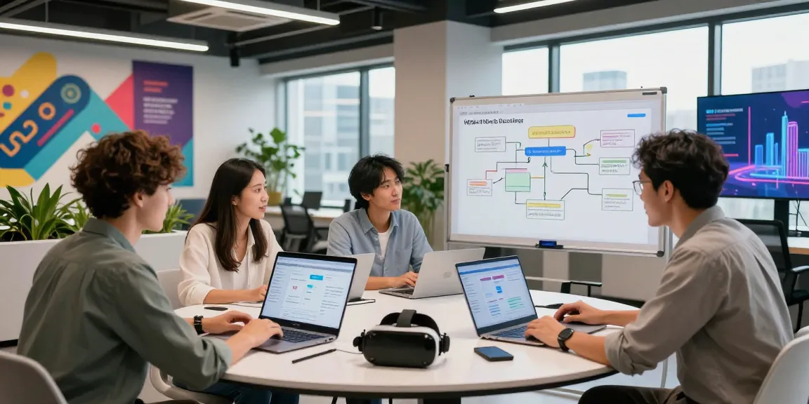 Web3 technology team collaborating in a modern workspace, showcasing laptops with blockchain applications and vibrant decor.