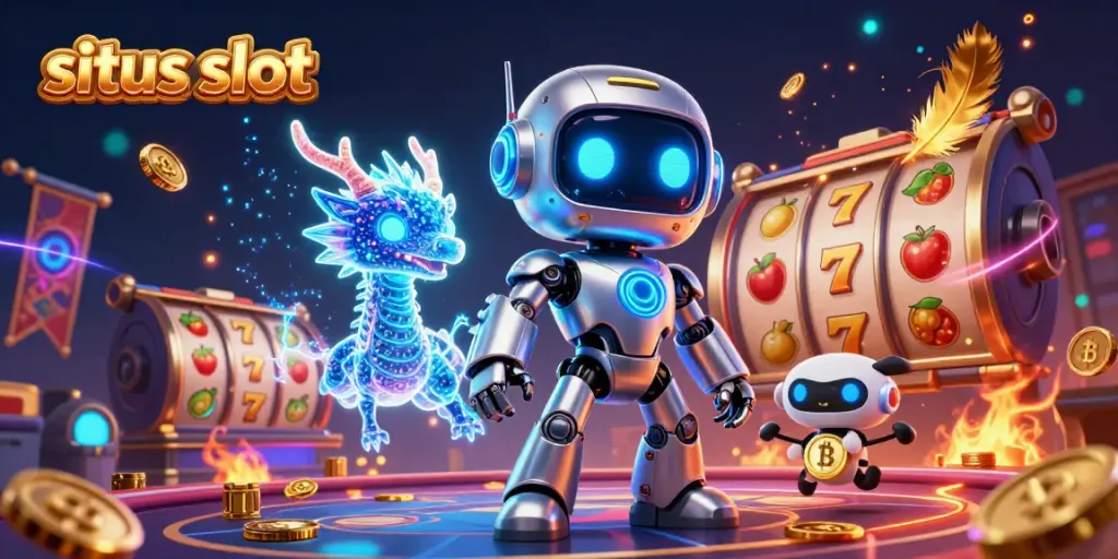 Situs slot illustration with a cyberpunk robot and AI dragon amidst vibrant slot game elements.