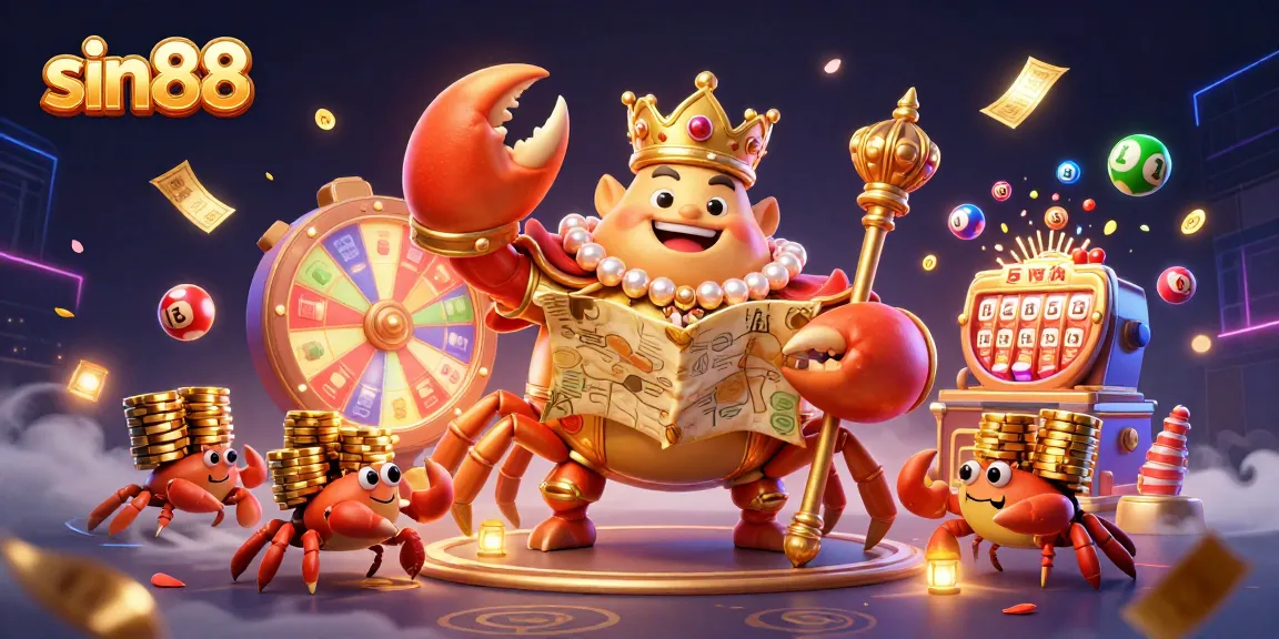 Experience thrilling entertainment at Sin88 with a cartoon emperor crab and vibrant casino elements.