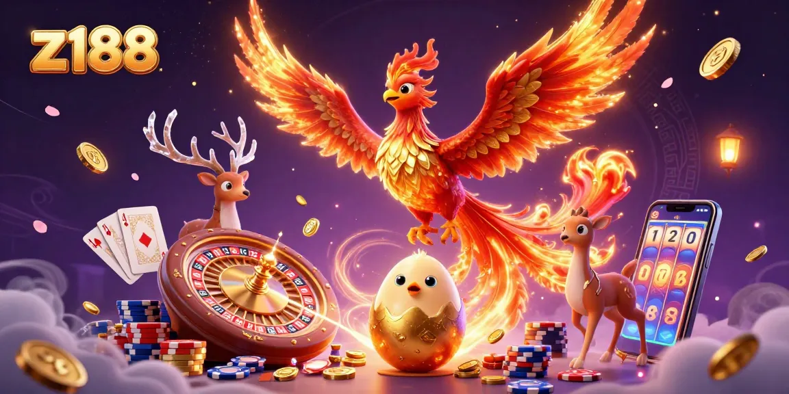 Experience the thrill at z188 with vibrant gaming elements and a mesmerizing phoenix in 3D!