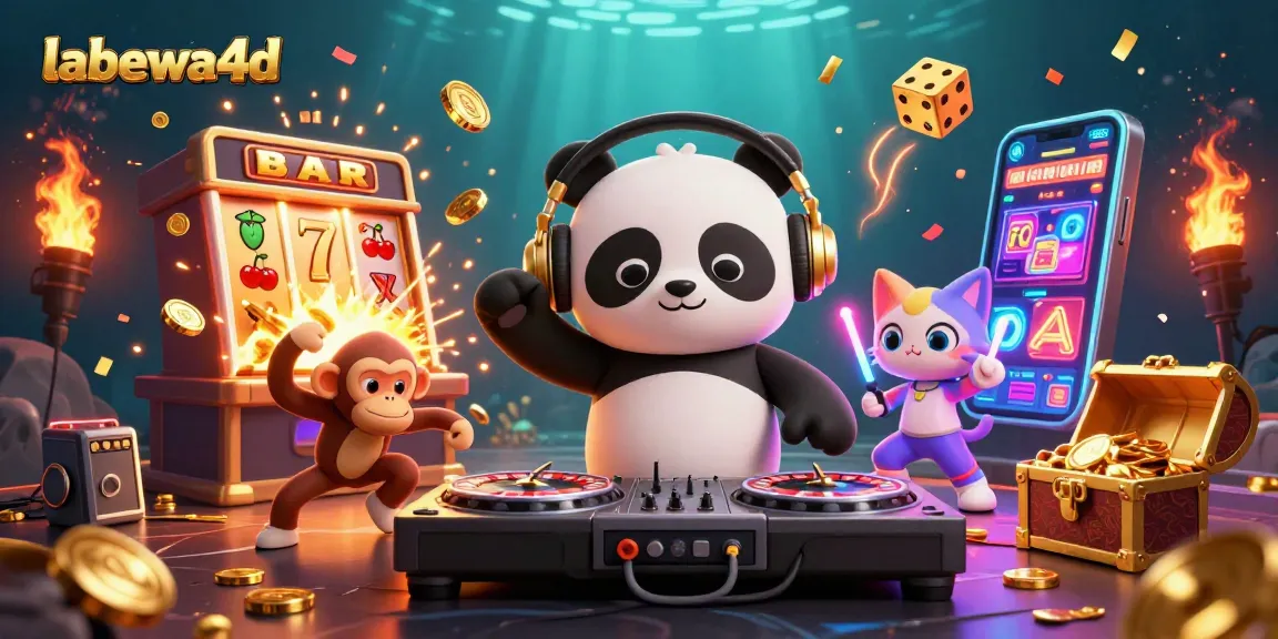 Menangkan jackpot di labewa4d dengan DJ panda dan simbol keberuntungan yang berkilau.