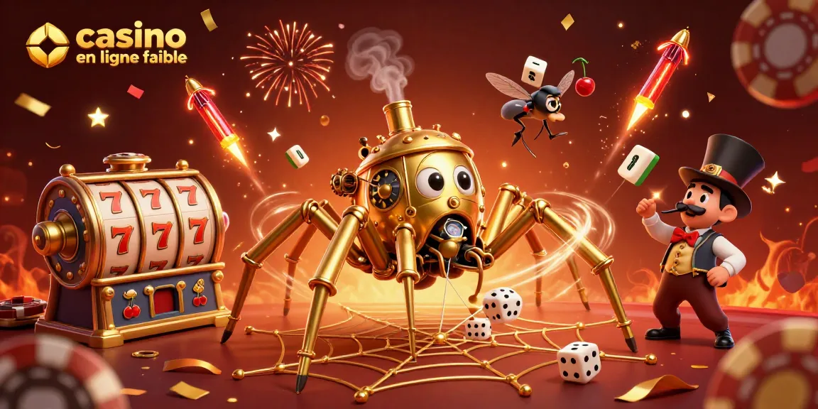 Illustration d'une araignée steampunk dorée symbolisant un casino en ligne fiable, attrapant des dés malchanceux.