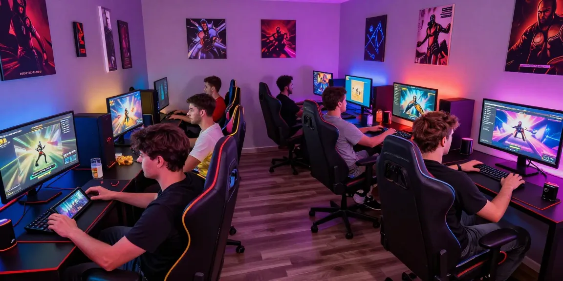 Adults enjoying porn games in a vibrant gaming room with interactive displays and snacks.