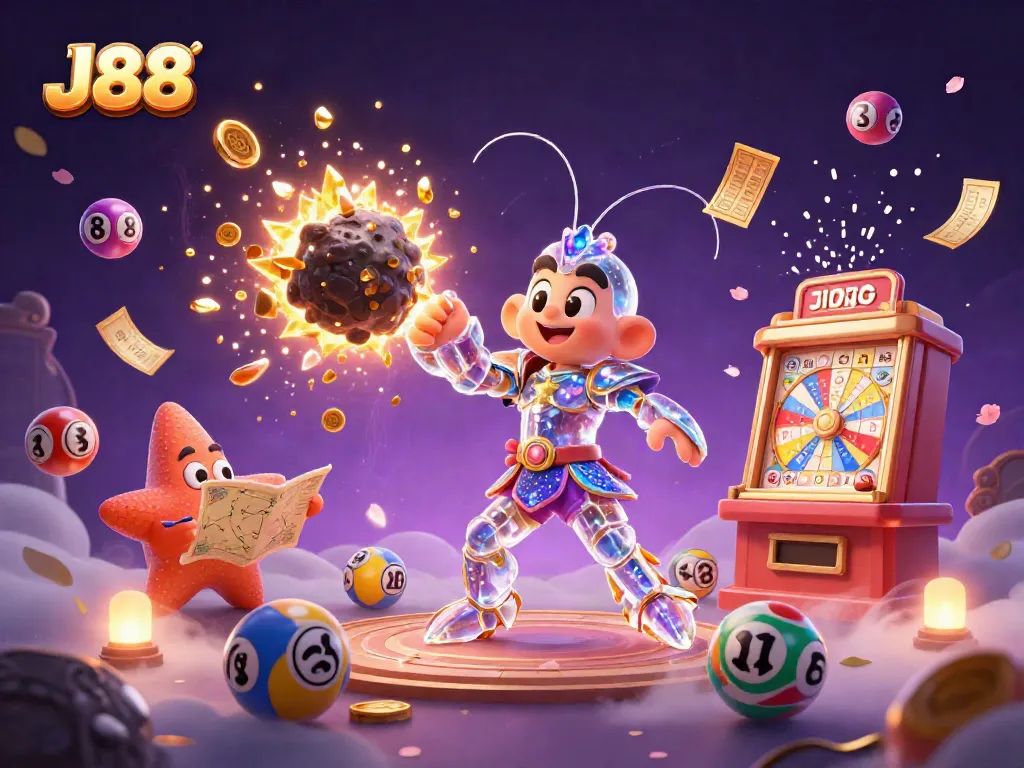 Experience J88 gaming excitement with galactic creatures amidst lottery balls and vibrant prize elements.