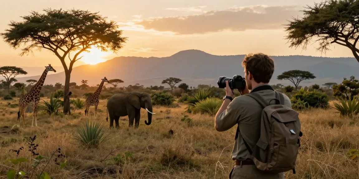NAGA2000 adventurer photographing wildlife at Kidepo Valley National Park during sunset.