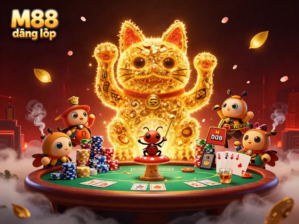 M88 đăng nhập promotional illustration with a golden lucky cat and vibrant casino elements.