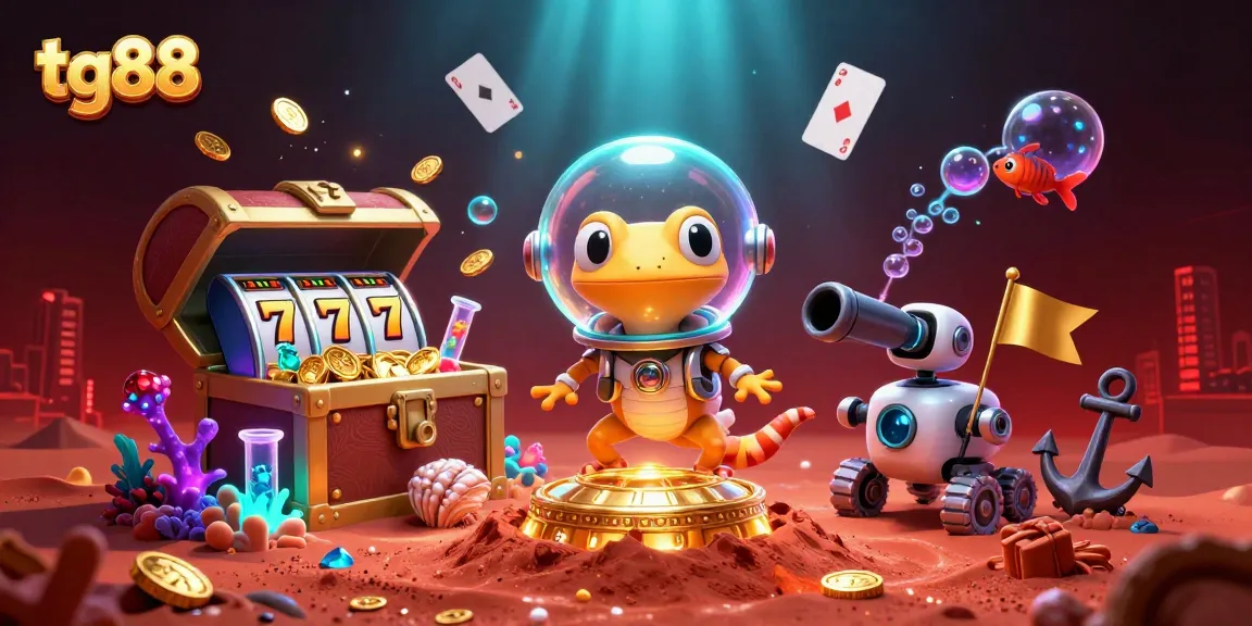 Tg88 showcases a Martian gecko exploring a golden casino amidst vibrant gaming elements.