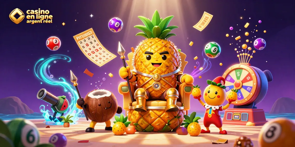 Jouez au casino en ligne argent réel avec le roi ananas illustré en 3D et des éléments dynamiques de jeux.