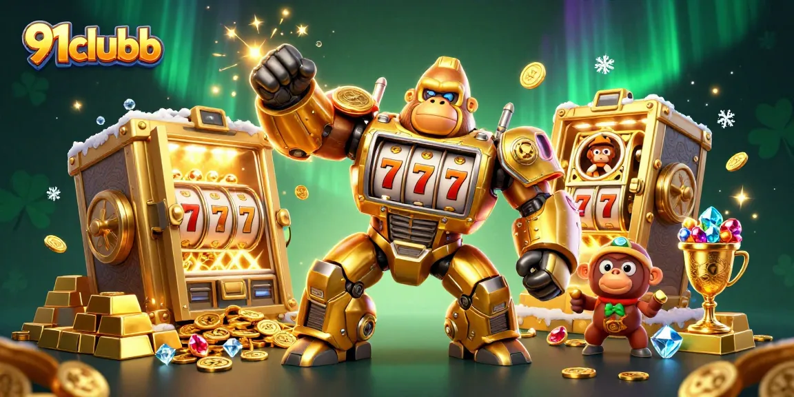 Engage in thrilling gameplay with 91clubb's golden gorilla mech and slot machine elements.