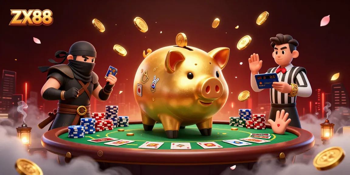 Experience the excitement of ZX88 with a victorious piggy bank sumo wrestler amidst coins and poker elements.