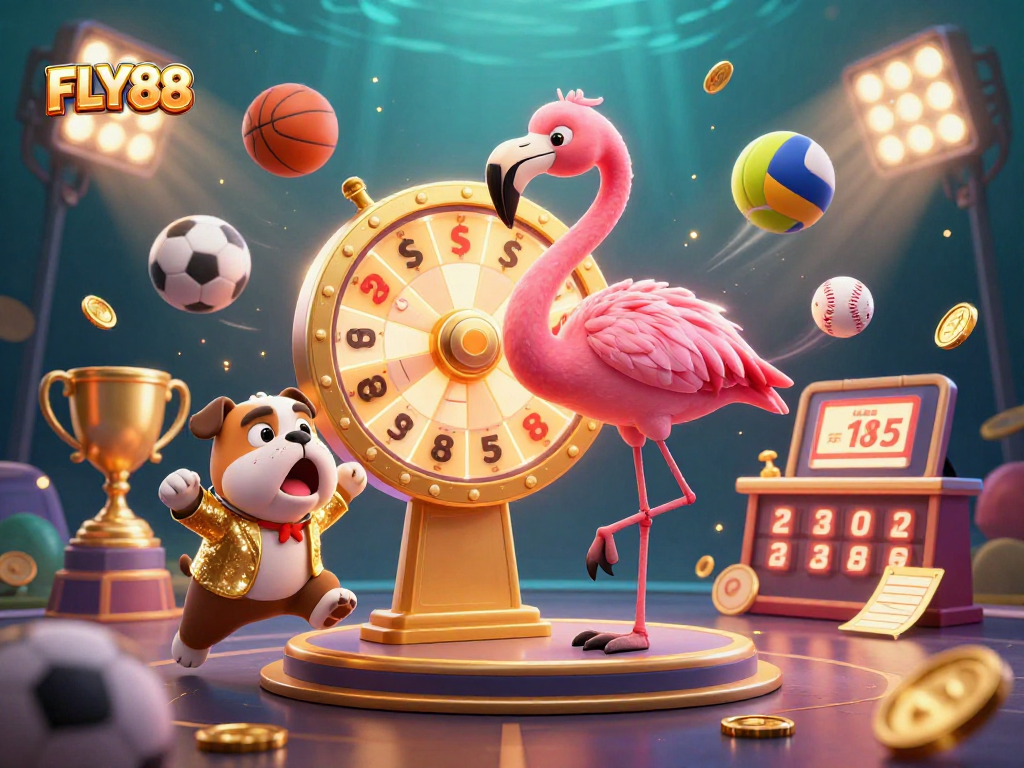 FLY88 gaming excitement with a game show host, bulldog contestant, and prizes in a rich casino scene.