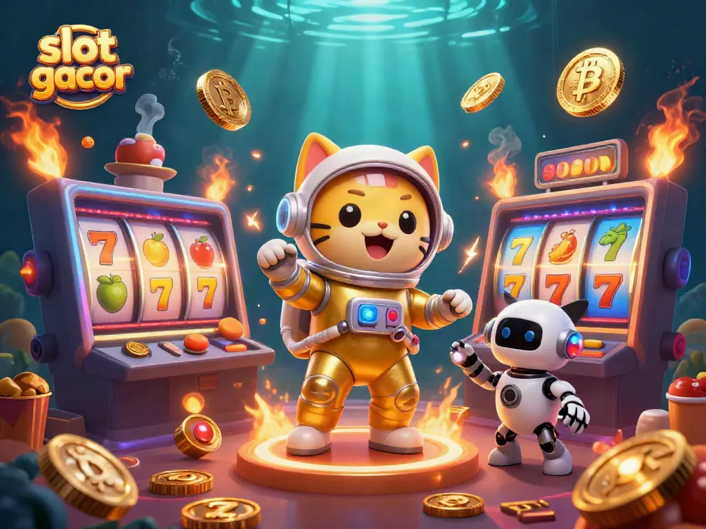 Experience slot gacor wins with our astronaut cat and robot dog celebrating jackpot spins in a vibrant casino scene.
