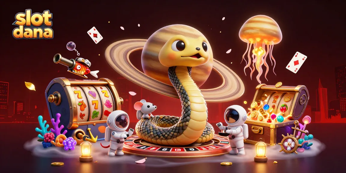 Bermain slot dana di kasino virtual, dengan elemen menarik seperti putaran slot dan karakter unik.