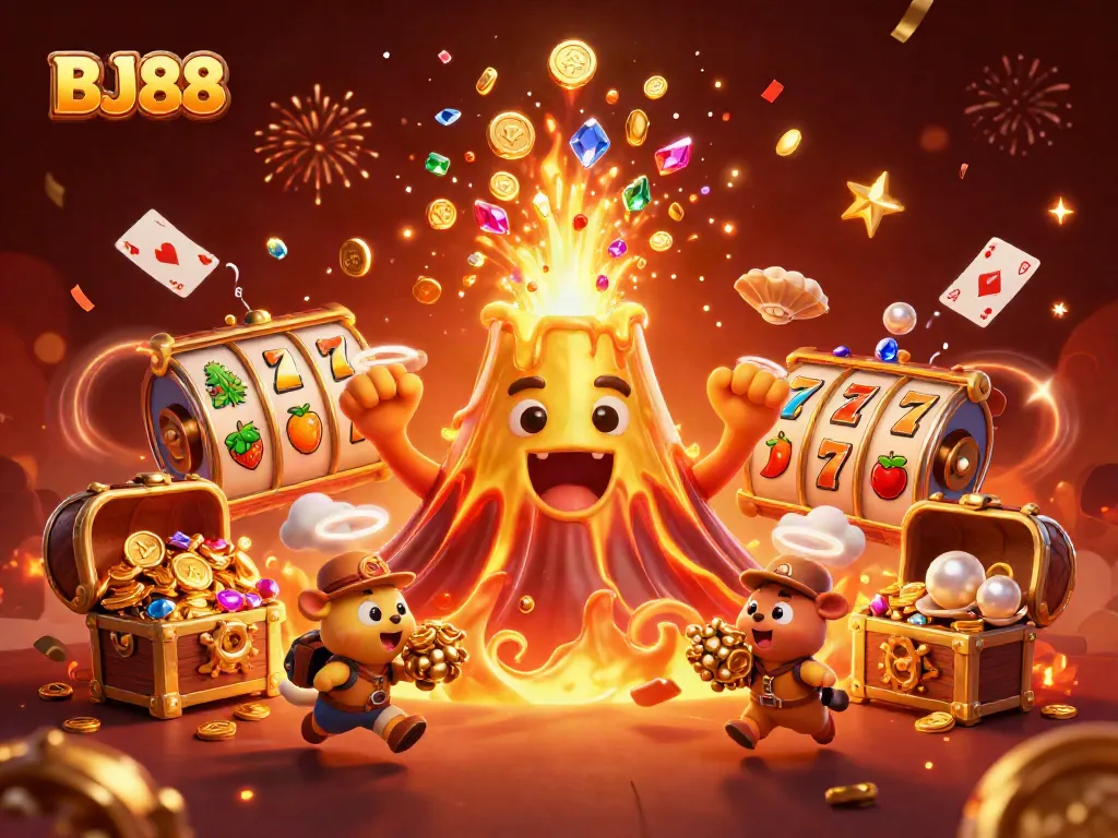 BJ88 engages players with exhilarating slot reels and treasures amidst an erupting golden volcano.