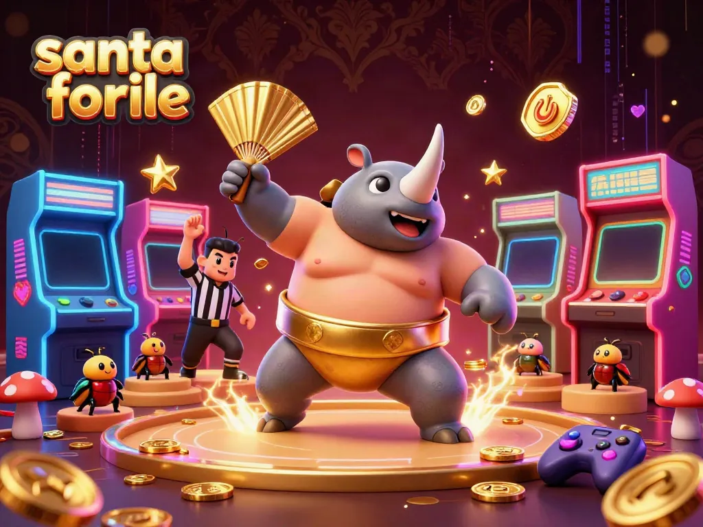 Experience the thrill of hiring Santa for festive events with an energetic casino scene featuring beetles and arcade games.