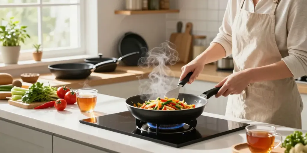 Non-Stick Cookware price in bangladesh featured in an inviting kitchen scene, showcasing a home cook preparing a stir-fry.