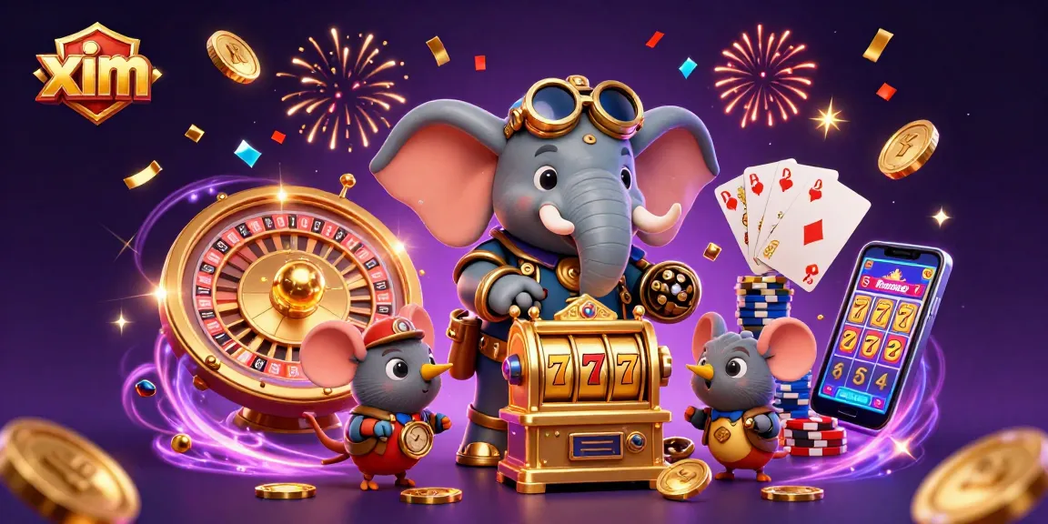 XIM's steampunk elephant engineer wins jackpot on a golden slot machine surrounded by dynamic casino elements.