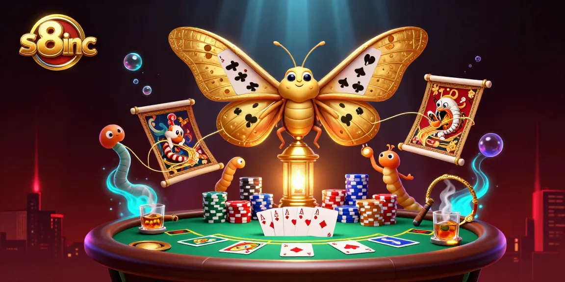 Engage with thrilling gameplay at s8inc, showcasing vibrant casino scenes with an atlas moth and card suits.