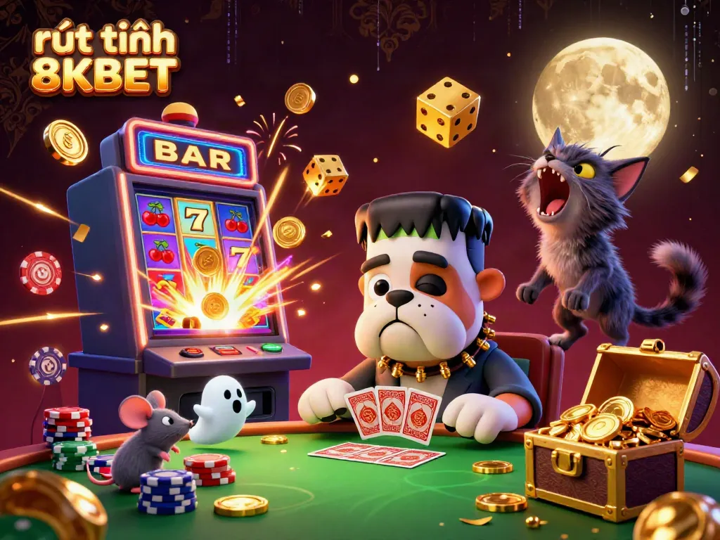 Engage in thrilling rút tiền 8KBET action surrounded by lively casino elements and surreal characters.