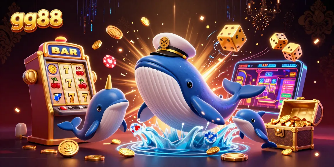 Experience thrills with gg88 as a cartoon whale breaching coins alongside dolphins and jackpot symbols.
