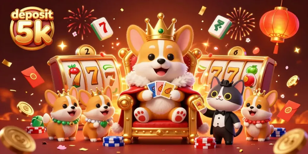 Engage with deposit 5k excitement in a vibrant slot machine scene featuring royal corgis.