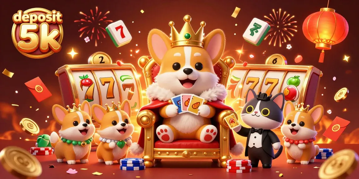 Engage with deposit 5k excitement in a vibrant slot machine scene featuring royal corgis.