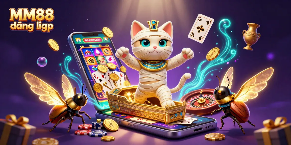 Engage in gaming excitement with MM88 đăng nhập as Egyptian mummy cat overlooks a vibrant casino scene.