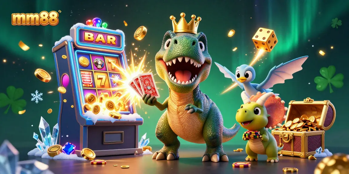 Engage with mm88 gaming excitement featuring a friendly T-Rex and colorful slot machine.