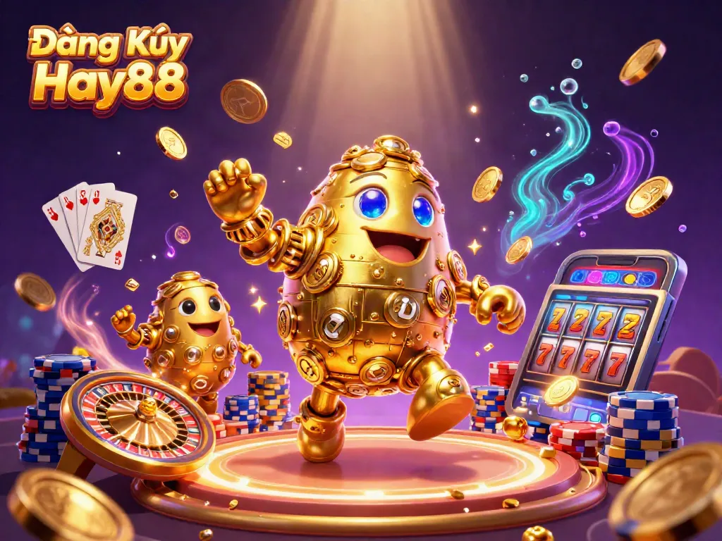 Engaging illustration showcasing Đăng Ký Hay88 with a dynamic golden golem surrounded by casino treasures.