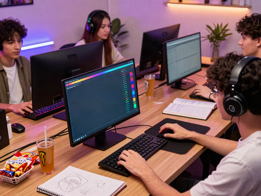 Engaged group of friends playing amanahtoto online togel in a modern gaming setup.