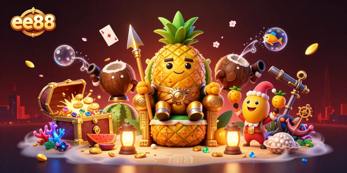 Engage in thrilling adventures at ee88 with a vibrant 3D casino scene featuring a golden pineapple king and lively characters.