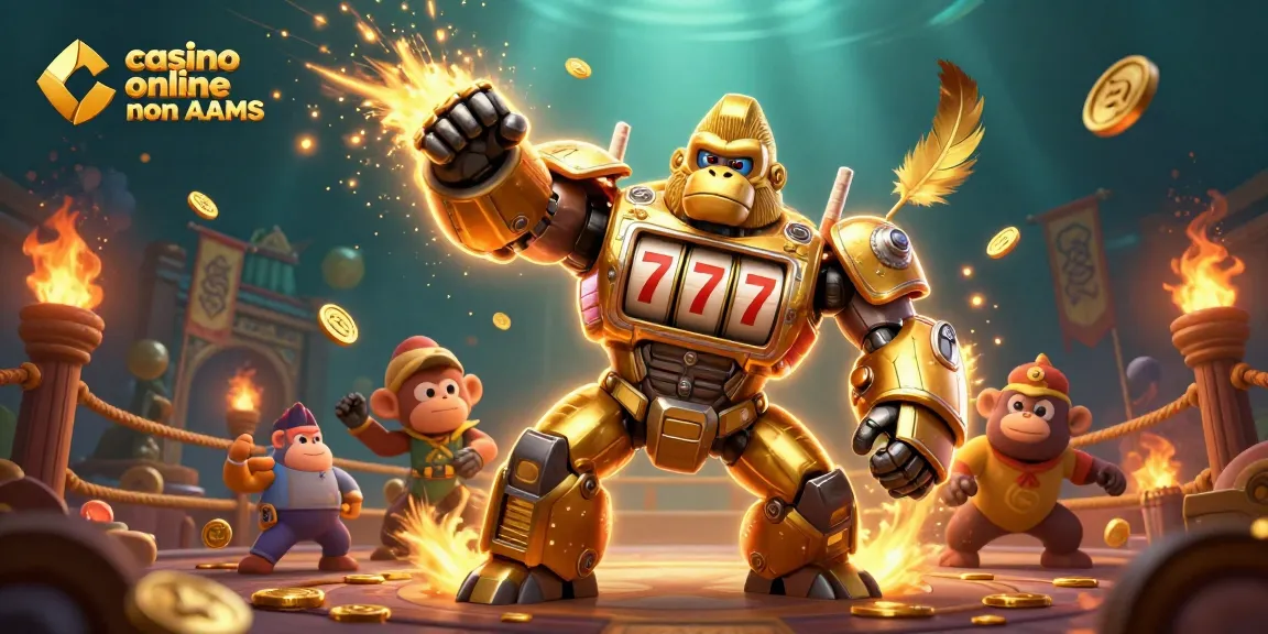 Immagine di un mech gorilla d'oro in un casino online non AAMS che esplode in monete, circondato da elementi di gioco.