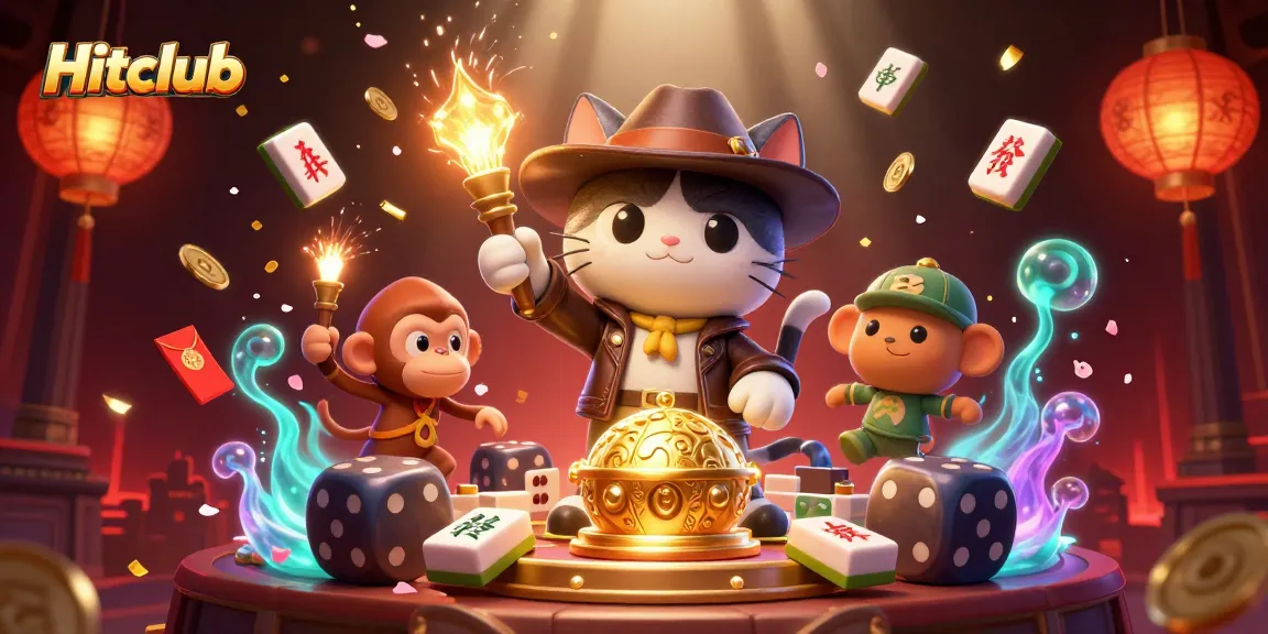 Hitclub features a cat archaeologist uncovering treasures amidst vibrant casino elements in a captivating scene.