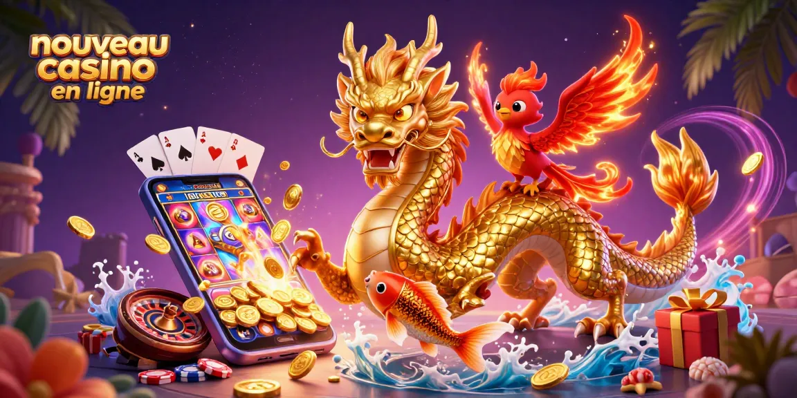 Découvrez les fonctionnalités et l'animation d'un nouveau casino en ligne dans cette illustration captivante avec un dragon chinois.