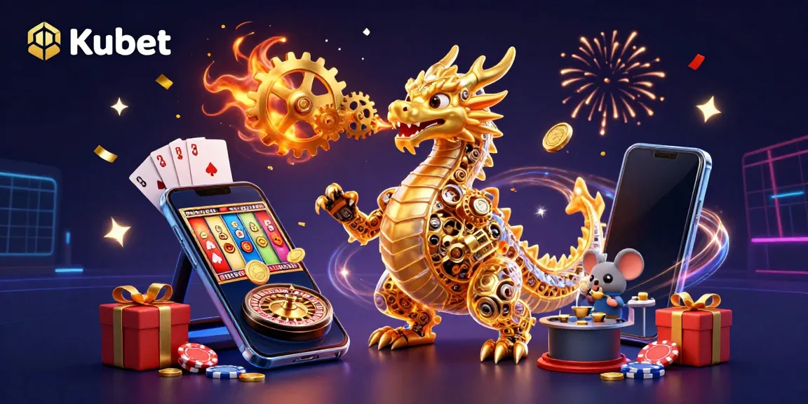 Kubet's 3D illustration featuring a biomechanical dragon, lively gaming elements, and vibrant casino atmosphere.