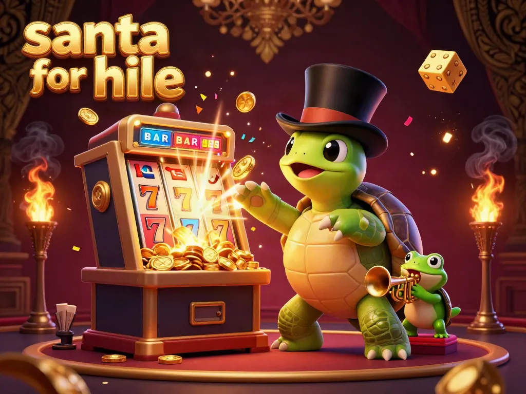 Dynamic scene showcasing a turtle and frog in a festive gambling environment, illustrating "santa for hire" in unique style.