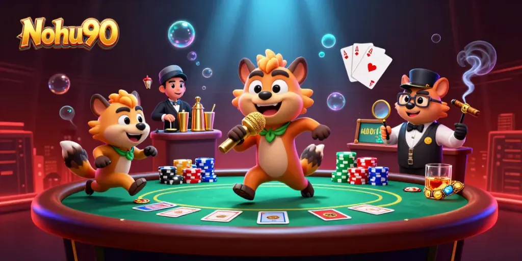 Nohu90 hyenas perform comedy in an engaging casino scene with vibrant gaming elements around.