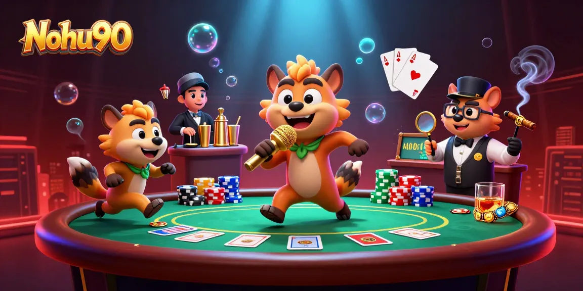 Nohu90 hyenas perform comedy in an engaging casino scene with vibrant gaming elements around.
