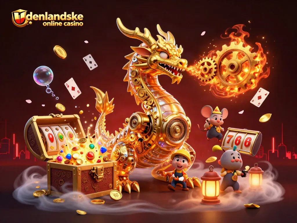 Engage in thrilling adventures with udenlandske online casino, surrounded by dynamic slot elements and a golden dragon.