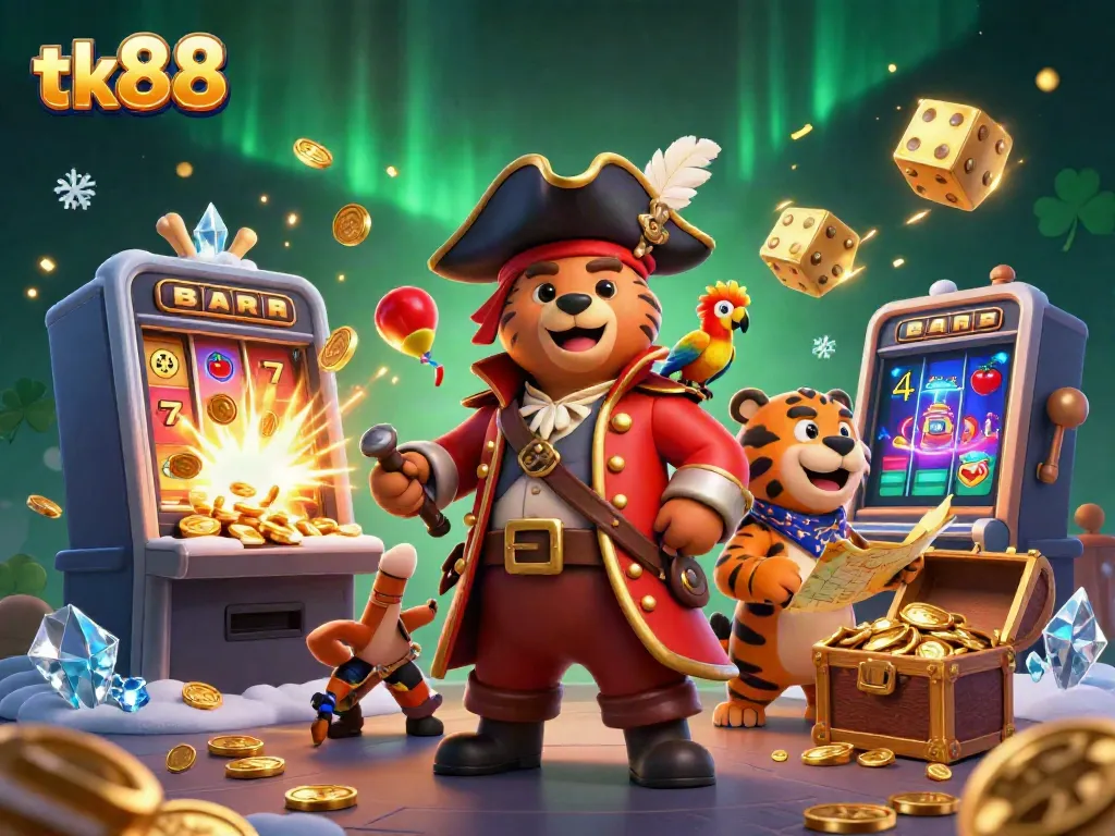tk88 showcases a vibrant 3D casino scene with a cartoon pirate bear, tiger, and parrot amidst slot machines and treasure.
