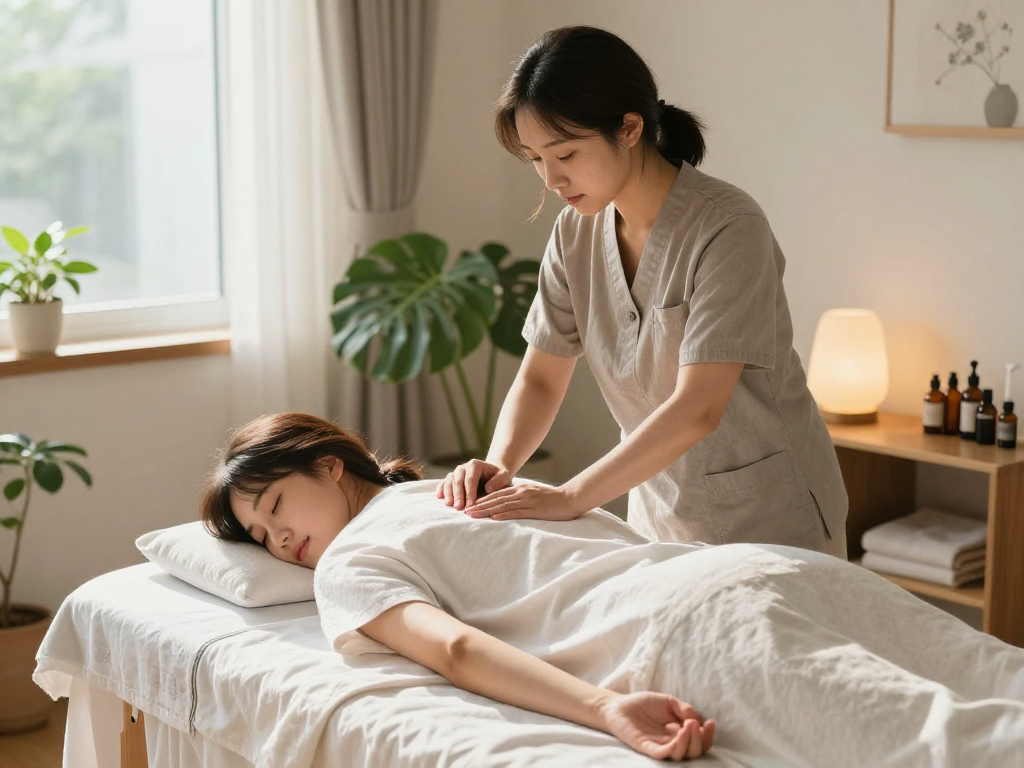 Enjoying 인천출장마사지 in a calming home environment with professional therapist and aromatic oils.