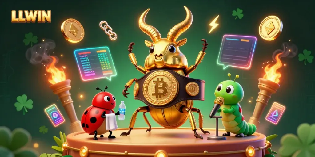 Engage with LLWIN through a dynamic illustration showcasing the excitement of online gaming and crypto elements.